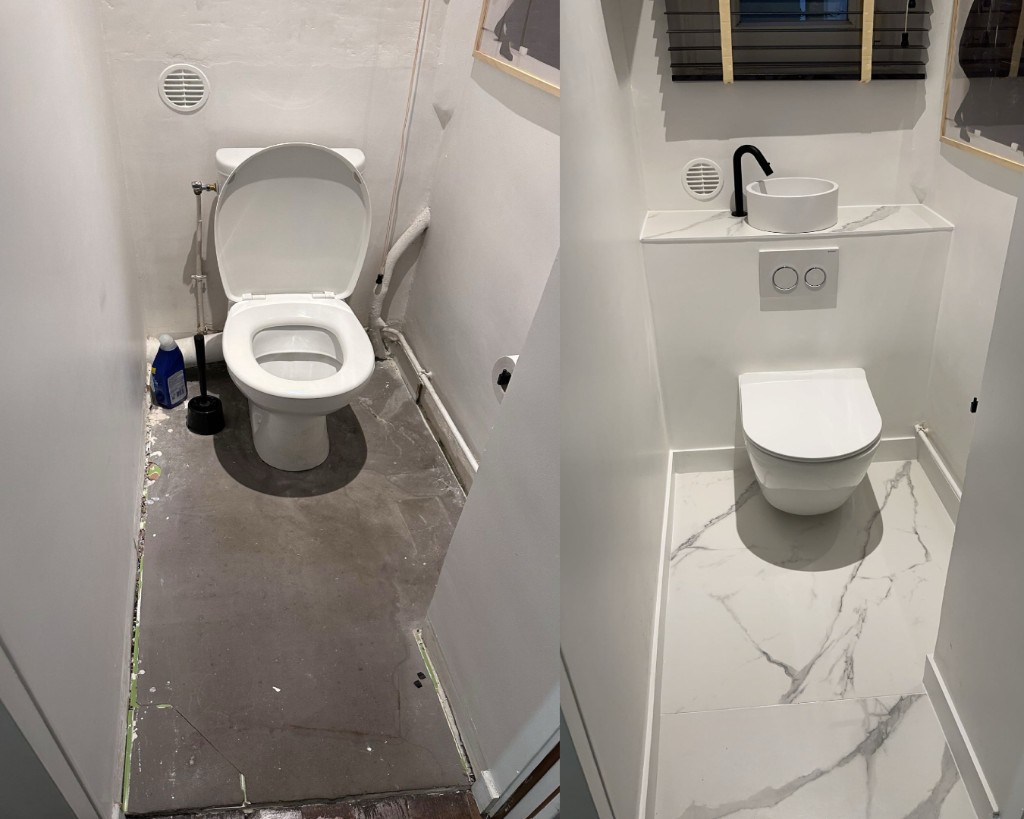 Réfection de WC et salle d'eau avec carrelage effet marbre et douche moderne