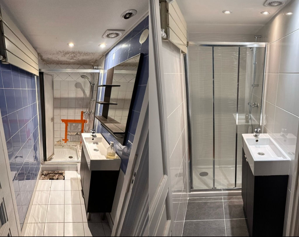 Rénovation de salle de bain à Paris : avant avec moisissure au plafond et après avec douche et carrelage neufs