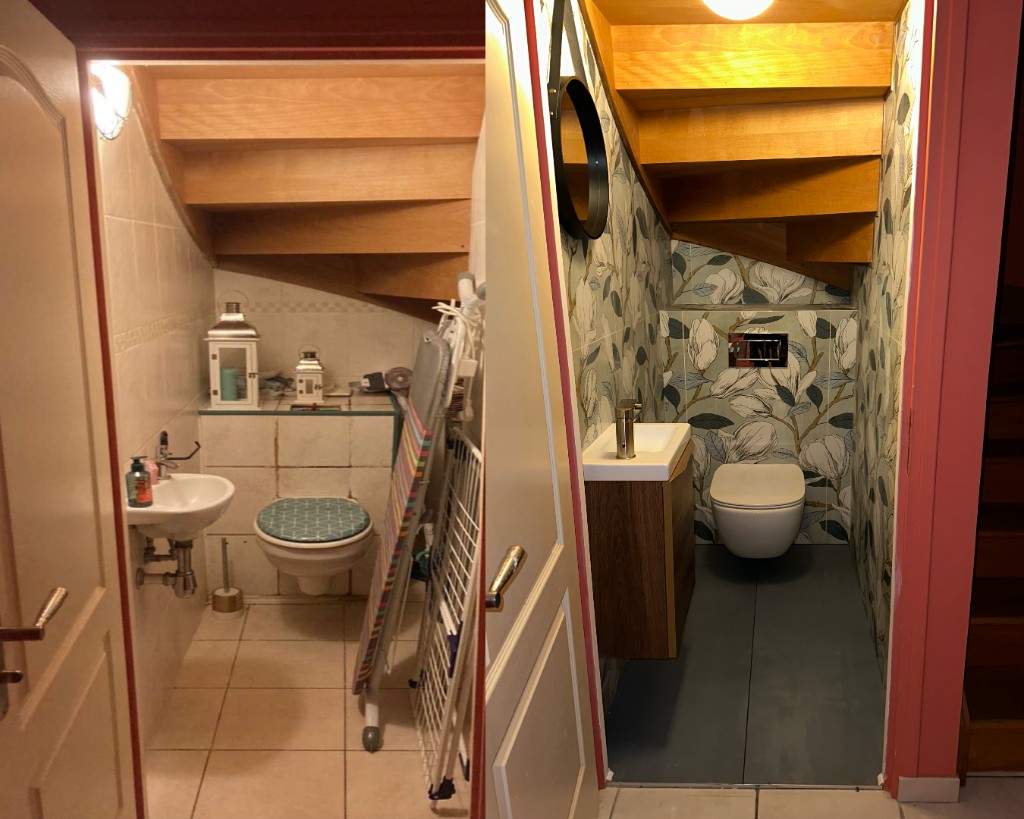 Aménagement de WC sous escalier avec WC suspendu et papier peint décoratif
